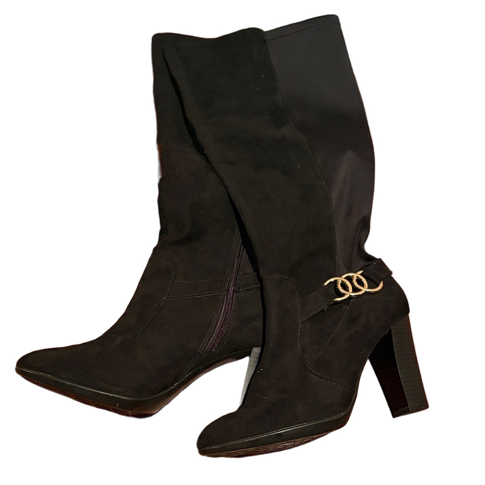 Kelly & Katie New Black Heeled Boots with Gold Accents